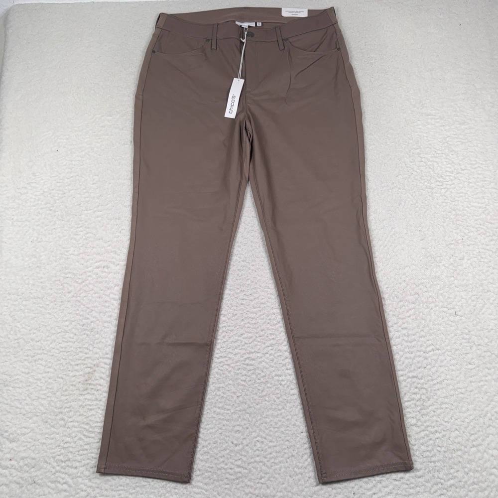 NWT CHICOS Pants Size 2R 5-Pocket Faux Leather Front Ponte Back Mocha 33x29.5